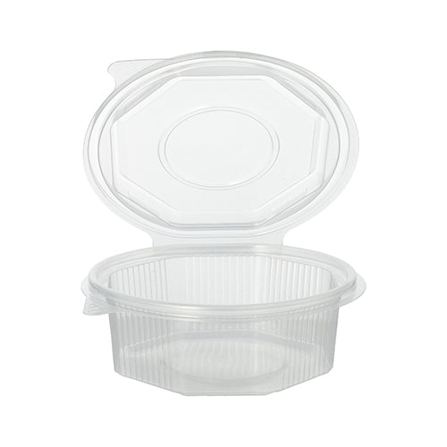 A transparent, octagonal Starpak 50 packaging cup with hinged lids made of PP is depicted with an open hinged lid, revealing the empty interior. The disposable container is ribbed and ideal for storing food for single use or takeout.