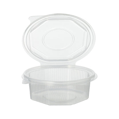 A transparent, octagonal Starpak 50 packaging cup with hinged lids made of PP is depicted with an open hinged lid, revealing the empty interior. The disposable container is ribbed and ideal for storing food for single use or takeout.