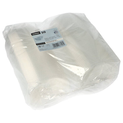A sealed plastic packaging with 50 Starpak packaging cups with hinged lids, PP, transparent, octagonal, each cup labeled with quantity and product information.