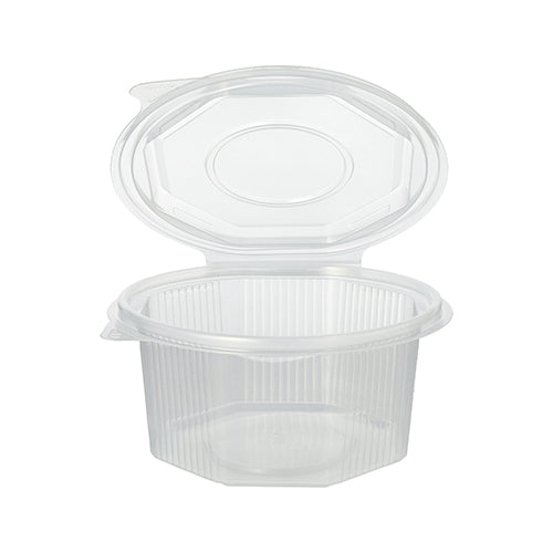 The Starpak 50 packaging cup with hinged lids is an octagonal, transparent PP food container with a hinged lid and vertical side ribs. It is sold empty.