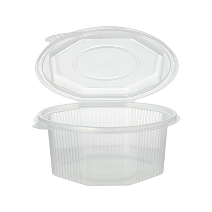 A transparent, octagonal Starpak 50 packaging cup with hinged lids (PP) is depicted open and empty. The container has vertical grooves on the sides and a smooth, flat top.