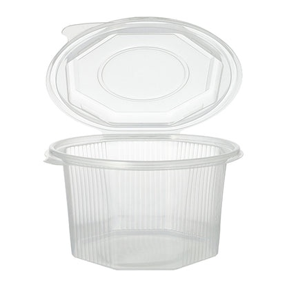 The Starpak 50 packaging cup with hinged lids is an octagonal, transparent food container made of PP with ribbed sides and an attached hinged lid, depicted open.