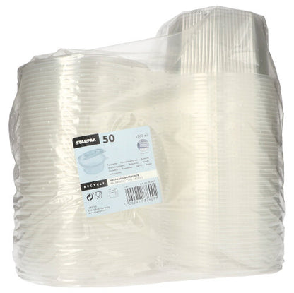 The Starpak 50 packaging cups with hinged lids are transparent, octagonal disposable cups made of PP, packed in a clear plastic container with a label containing detailed product information, quantity, and recycling information.