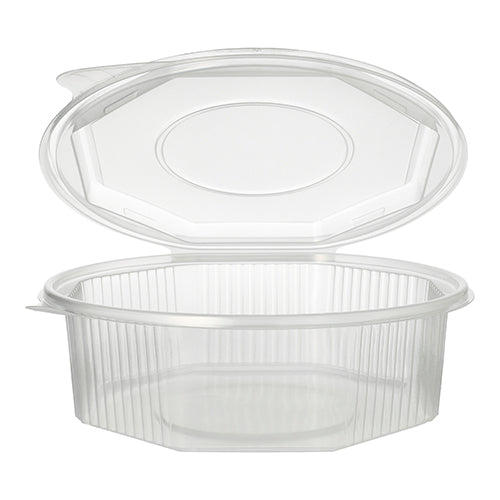 A transparent, 8-sided Starpak packaging cup (1.5 l, 5.9 x 18 x 18 cm) with a hinged lid can be opened and reveals the empty contents. The PP container has vertical side ribs and a smooth, flat bottom. Available as a pack of 25 pieces with foil.