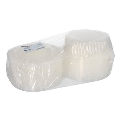 A transparent Starpak polypropylene 1.5L packaging cup (8-sided, 5.9x18x18cm) contains 25 disposable bowls with hinged lids and a label on top.