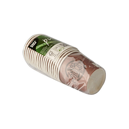 A stack of PAPSTAR purple "Pure Joy" paper drinking cups (20 pieces, Ø 6 cm) by PAPSTAR GmbH, packed in shrink wrap with a green-white label. The purple paper cups are neatly nested inside each other.