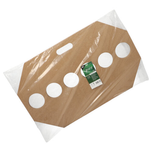The PAPSTAR carrying trays "pure" (12x9.5 cm, brown) hold 6 cups in circular cutouts, have a handle, and are packaged in shrink film with a green and white label; 30 pieces per pack from PAPSTAR GmbH.