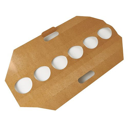 The PAPSTAR carrying trays "pure" (12x9.5 cm, brown) from PAPSTAR GmbH hold 6 cups, have four rectangular handles, and are made from eco-friendly cardboard - perfect for sustainable transport of beverages. 30-pack with shrink film.