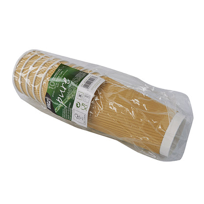 A stack of PAPSTAR GmbH paper cups (Ø 9 cm, 13.7 cm high, Ripple Wall) in clear plastic wrap with a green-white product label; the package contains 10 pieces.