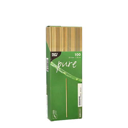 A green PAPSTAR box labeled "pure" contains 100 eco-friendly, robust straws (4 mm x 20 cm). The packaging highlights bamboo and sustainability symbols and features a straw upright on the front.