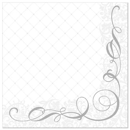 The PAPSTAR 50 napkins "ROYAL Collection" 1/4-fold 40 x 40 cm gray from PAPSTAR GmbH feature a white, square design with a subtle floral and diamond pattern and an elegant gray swirl on the lower right edge.