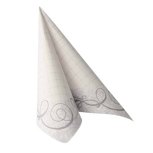 A single PAPSTAR napkin from the ROYAL collection, 40x40 cm in gray with a subtle check pattern and decorative edge, stands folded against a white background - ideal for elegant napkin arrangements. Pack of 50 pieces.