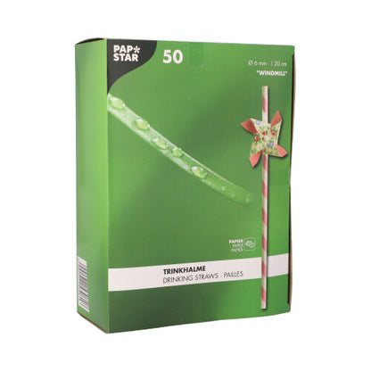 A green box PAPSTAR 50 straws (paper Ø 6 mm · 20 cm) from PAPSTAR GmbH with the inscription "WINDMILL" shows a striped straw with a pinwheel and multilingual text.