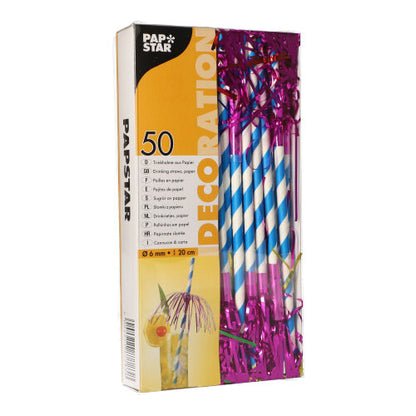 A box with 50 PAPSTAR paper straws (Ø 6mm, 20cm) from PAPSTAR GmbH, blue-white striped with purple tinsel, impresses with sustainable quality and multilingual product information on the packaging.
