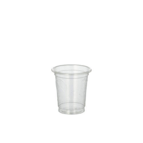 A clear, small PAPSTAR 40 glasses for shot plastic cup from PAPSTAR GmbH with a slightly flared rim stands centered on a plain white background.