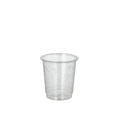 A transparent shot glass from PAPSTAR GmbH, made from crystal-clear PS and PLA "pure", is shown empty on a white background. The cup is one of 40 from the PAPSTAR 40 glasses for shot set and features subtle grooves at the bottom area.