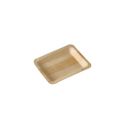 A small, rectangular PAPSTAR 50-piece finger food tray made of wood "pure" by PAPSTAR GmbH, flat with rounded corners made from eco-friendly material, viewed obliquely on a light background.