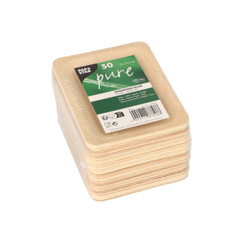 A stack of 50 PAPSTAR finger food trays made of eco-friendly wood "pure," by PAPSTAR GmbH, shrink-wrapped in clear foil with a green-white product label on top.
