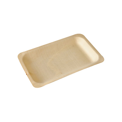 The PAPSTAR 50-piece finger food tray, wood "pure" by PAPSTAR GmbH is a rectangular, flat wooden tray with slightly raised, rounded edges, presented on a plain white background.