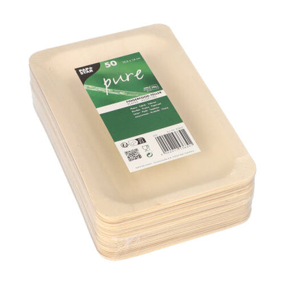 A 50-piece set of PAPSTAR GmbH "pure" finger food trays made of wood, eco-friendly and biodegradable, with a product label for sustainable materials and food suitability.