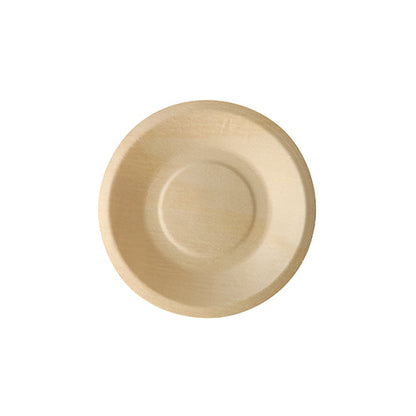 The PAPSTAR 50-piece finger food tray made of wood "pure" by PAPSTAR GmbH: round, flat, and eco-friendly, photographed from above on a plain white background.