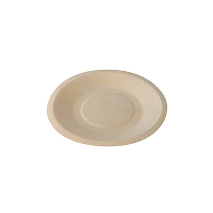The PAPSTAR 50-piece finger food tray "pure" by PAPSTAR GmbH is a round, flat, beige wooden tray with a slightly raised edge, perfect for sustainable presentations and depicted on a white background.