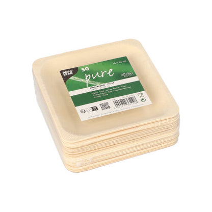 A stack of 50 square, light PAPSTAR wooden finger food trays "pure" with rounded edges. The top tray bears a green-white label with product information, including "pure" and "freshwood tray." Brand: PAPSTAR GmbH.