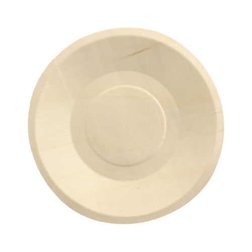 A round, unfinished PAPSTAR 50-piece finger food tray made of wood "pure" by PAPSTAR GmbH with a recess, viewed from above on a white background - ideal for sustainable presentations and eco-friendly disposable tableware solutions.