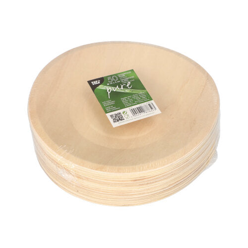 A stack of PAPSTAR 50-piece finger food trays made of wood "pure" by PAPSTAR GmbH is packaged in plastic, with a green-white label showing product information and sustainability symbols.