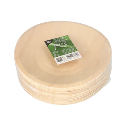 A stack of PAPSTAR 50-piece finger food trays made of wood "pure" by PAPSTAR GmbH is packaged in plastic, with a green-white label showing product information and sustainability symbols.