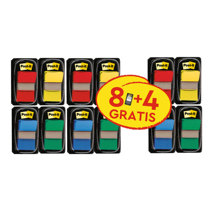 Twelve packs of 3M Post-it® Index Tabs, Standard (25.4 mm x 43.2 mm), various colors, Promotion: 8 dispensers + 4 free, 50 tabs/dispenser - ideal for efficient document organization and markings.