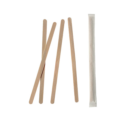 Five PAPSTAR 1000 wooden stir sticks "pure" from PAPSTAR GmbH, four of which are loose and one individually wrapped, lie on a white background – the environmentally friendly choice for enjoying coffee.
