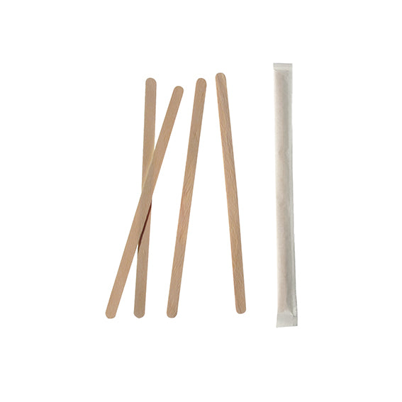 Four loose PAPSTAR wooden "pure" stir sticks and one individually packaged example from PAPSTAR GmbH (1000 pieces, individually wrapped) lie on a white background.