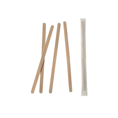Four loose PAPSTAR wooden "pure" stir sticks and one individually packaged example from PAPSTAR GmbH (1000 pieces, individually wrapped) lie on a white background.