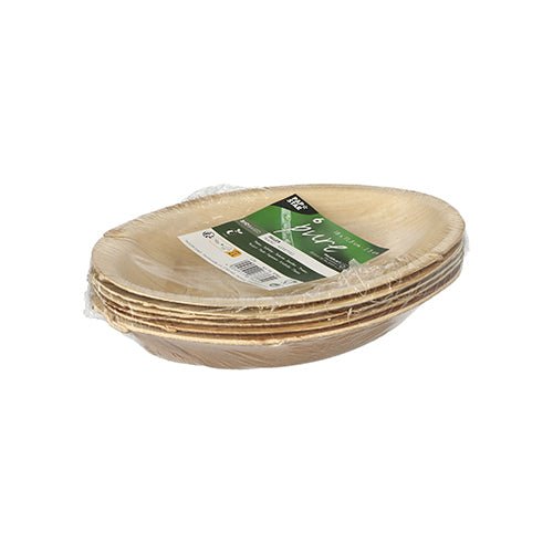 A stack of oval 6-piece plates "Pure" from PAPSTAR GmbH, palm leaf, made from natural palm leaf, wrapped in transparent foil and provided with a green-white label – ideal for eco-friendly events.