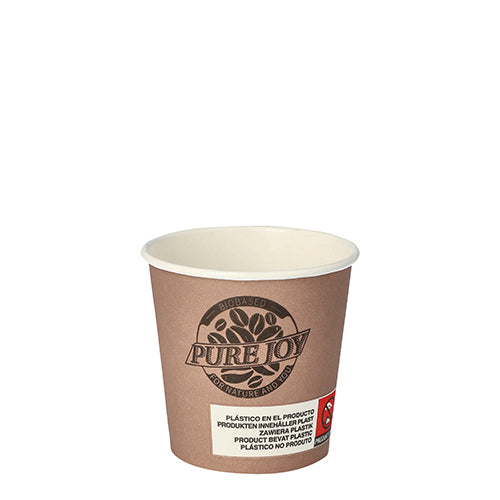 The PAPSTAR 80 paper cup by PAPSTAR GmbH is brown, biodegradable, eco-friendly, and features 'PURE JOY' with leaf design on the front. A multilingual label with a red warning symbol is located near the bottom of the cup.