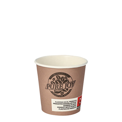 The PAPSTAR 80 paper cup by PAPSTAR GmbH is brown, biodegradable, eco-friendly, and features 'PURE JOY' with leaf design on the front. A multilingual label with a red warning symbol is located near the bottom of the cup.