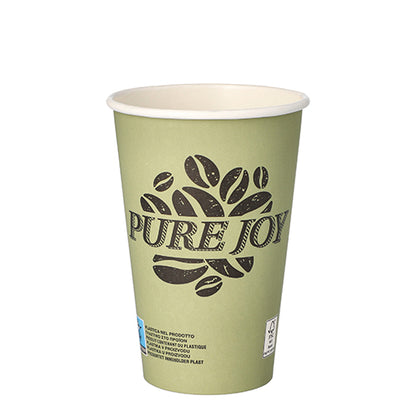 A green PAPSTAR 50 paper cup (0.3l) from PAPSTAR GmbH features the inscription “PURE JOY” and coffee bean illustrations on the front, with small blue-white labels at the bottom. The background is white.