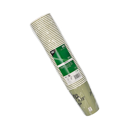 The pack of 50 paper cups from PAPSTAR GmbH contains disposable paper cups (each 0.3 l) in a green-white striped design, made of sturdy cardboard and wrapped in plastic; the label shows product information.