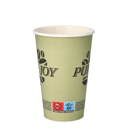 The PAPSTAR 50 paper cup, 0.3l cardboard from PAPSTAR GmbH is a light green disposable paper cup with the inscription “PURE JOY” and coffee beans, as well as a small label with symbols and text at the bottom. The cup is empty and depicted upright on a white background.