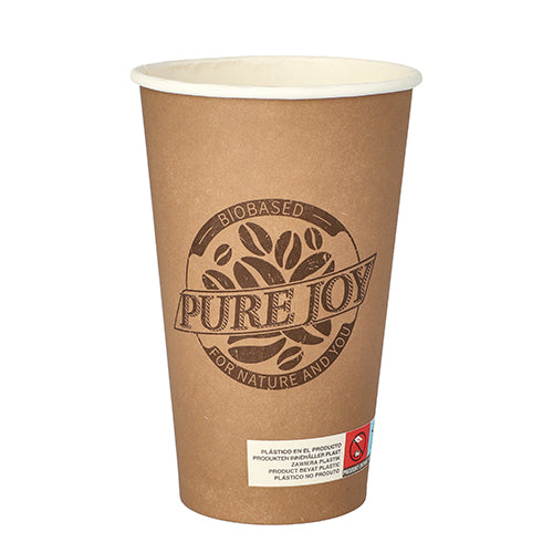 The PAPSTAR 50 drinking cup (0.4 l) made of sturdy cardboard from PAPSTAR GmbH is brown with a white rim, featuring 'Pure Joy' and a coffee bean as well as small additional labels at the bottom edge on a plain white background.