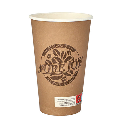 The PAPSTAR 50 drinking cup (0.4 l) made of sturdy cardboard from PAPSTAR GmbH is brown with a white rim, featuring 'Pure Joy' and a coffee bean as well as small additional labels at the bottom edge on a plain white background.