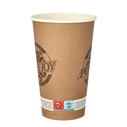 A PAPSTAR GmbH 0.4L disposable drinking cup made of sturdy cardboard, partly with 'PURE JOY' logo and symbols on the bottom, excluding non-recycling and plastic waste. The cup is empty against a white background.