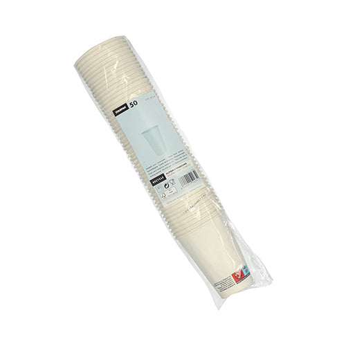 A package of 50 white Starpak vending cups "To Go" (0.18 l, Ø 7 cm, 9.2 cm) is depicted in a transparent plastic wrap with an attached product label. The packaging is shown on a plain white background.