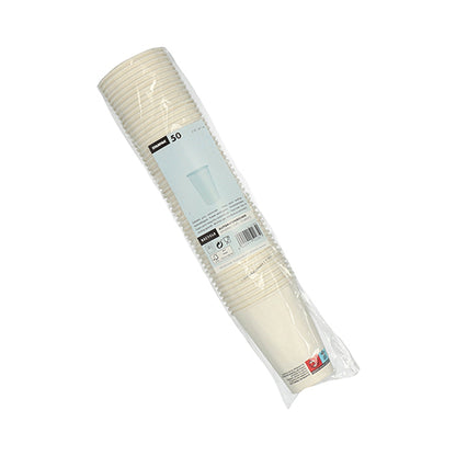 A package of 50 white Starpak vending cups "To Go" (0.18 l, Ø 7 cm, 9.2 cm) is depicted in a transparent plastic wrap with an attached product label. The packaging is shown on a plain white background.