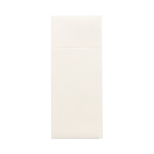 The image shows a rectangular, cream-colored Starpak 100 cutlery pouch envelope made of durable Airlaid material (40 x 33 cm) with cutlery fold – ideal for use in the hospitality industry due to its elegant appearance.