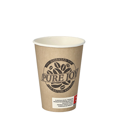 The PAPSTAR 80 paper cup, 'Pure Joy' by PAPSTAR GmbH is a brown, biodegradable paper cup with 'Biobased for nature and you', white label, red symbol, and modern design - ideal for environmentally conscious enjoyment.