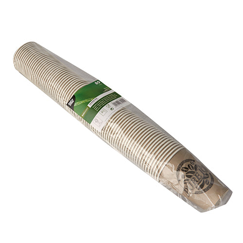 A stack of PAPSTAR 80 paper cups 'Pure Joy' by PAPSTAR GmbH in modern design, packed in transparent foil with green-white label.