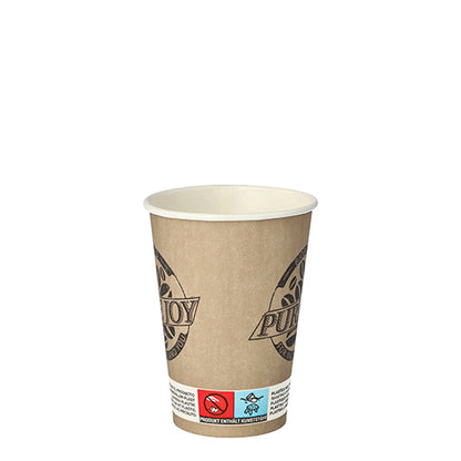 A PAPSTAR 80 paper cup from the 'Pure Joy' series by PAPSTAR GmbH stands upright against a white background; Its modern, eco-friendly design features a logo print, white interior, and symbols for biodegradability on the cup rim.