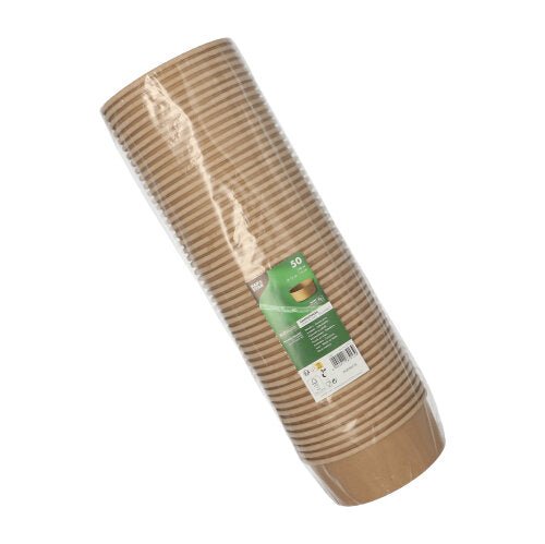A sealed plastic package with 50 round brown PAPSTAR salad bowls made of paper with PLA coating and environmentally friendly, biodegradable materials from PAPSTAR GmbH, with a green-white label.